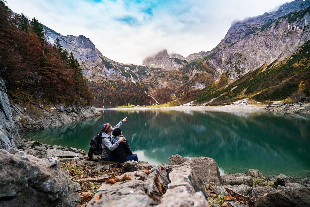 couple, lake, mountains, point, pointing, lovers, together, hikers, mountaineers, sit, sitting, adventure, mountain lake, alps, daylight, fir trees, hike, hiking, idyllic, landscape, looking, love, mountain ranges, nature, couple, lovers, adventure, adventure, hiking, hiking, hiking, hiking, hiking [pid:2179256][light]