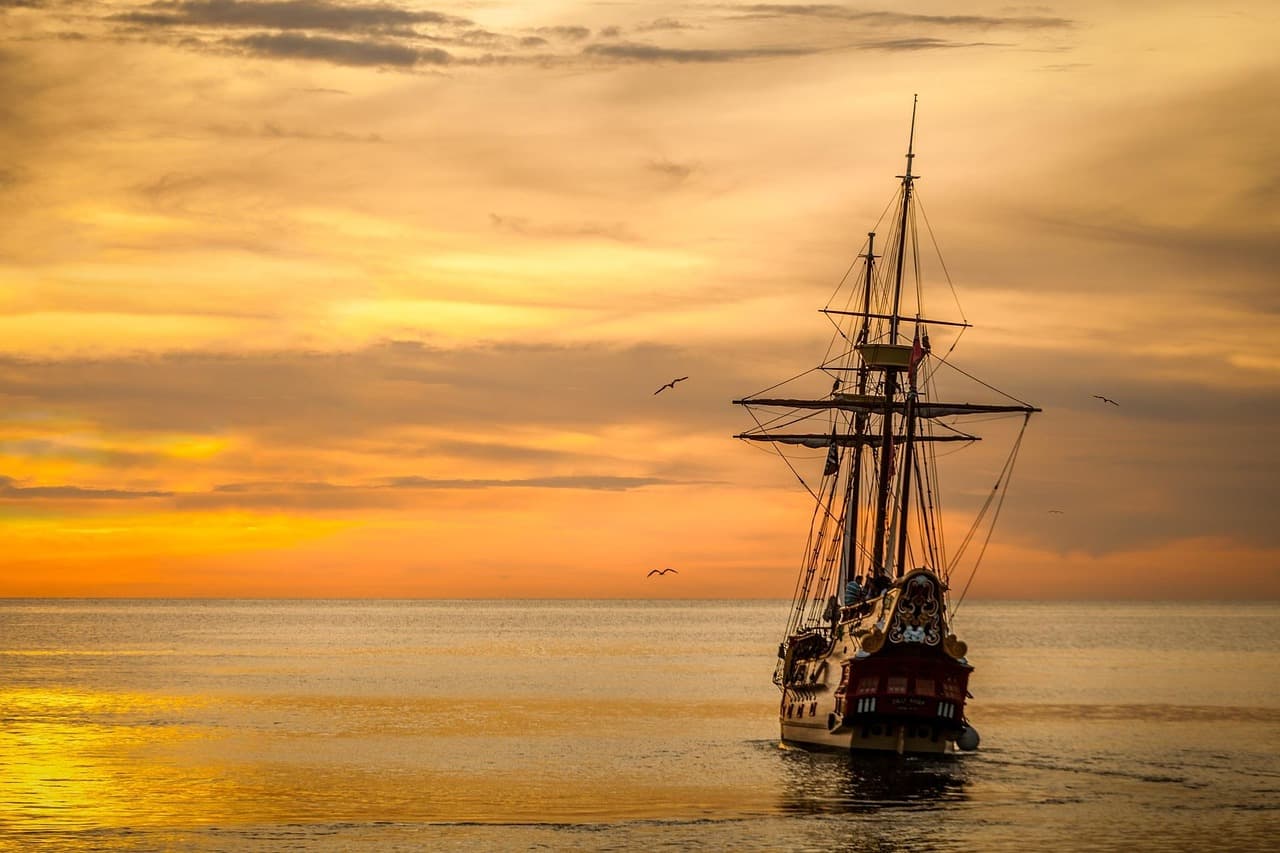 sunset, ship, sails, boat, sea, ocean, horizon, seascape, dusk, twilight, nature, sailing ship, masts, windjammer, sailing [pid:675847]