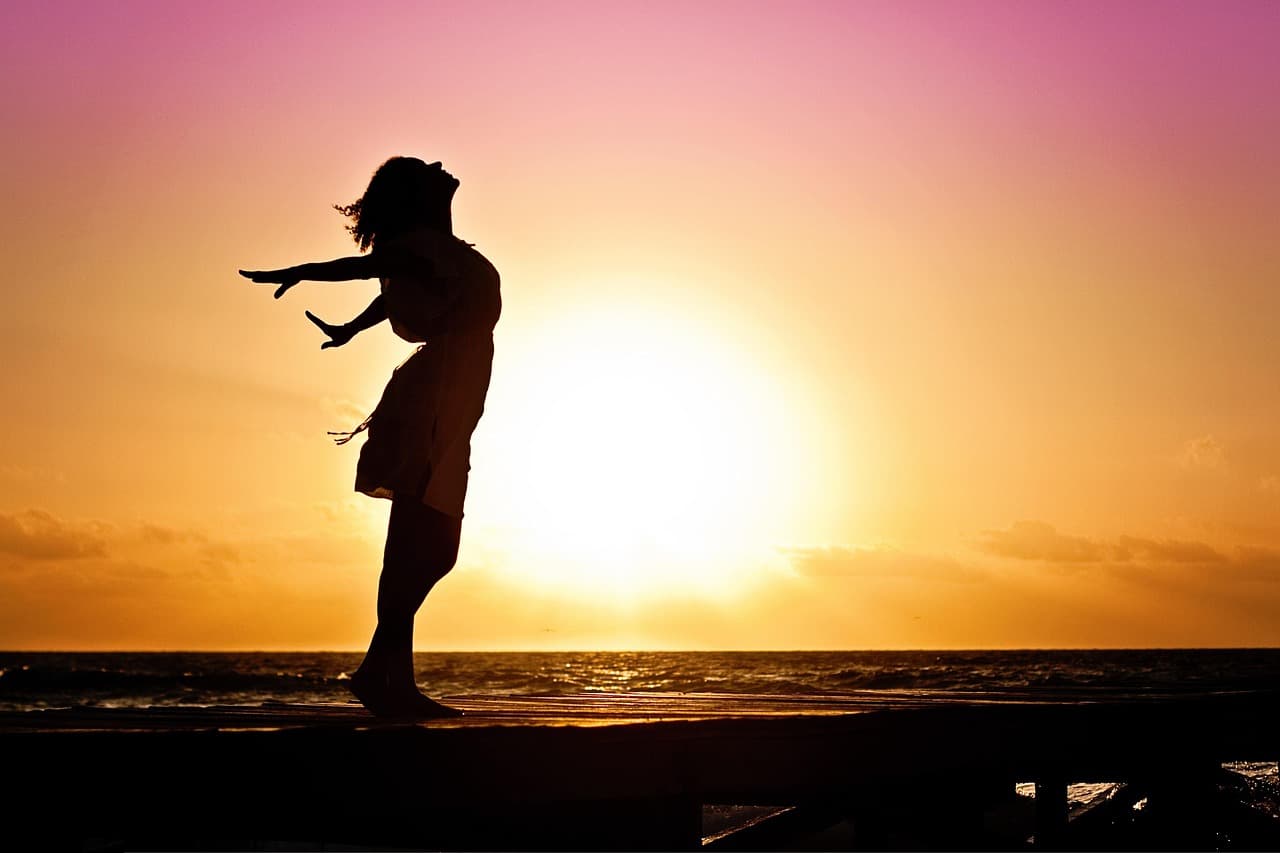 new year background, woman, silhouette, sunset, beach, nature, sea, ocean, horizon, sunrise, dawn, dusk, backlighting, woman silhouettes, happiness, freedom, joy [pid:570883]