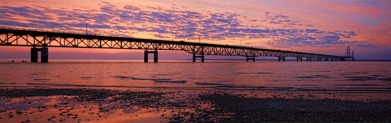 bridge, sea, panorama, sunset, beach, dusk, twilight, ocean, sky, afterglow, skyscape, seascape, nature, clouds, architecture, silhouettes, infrastructure, sea bridge, tranquil, water [pid:1635387]