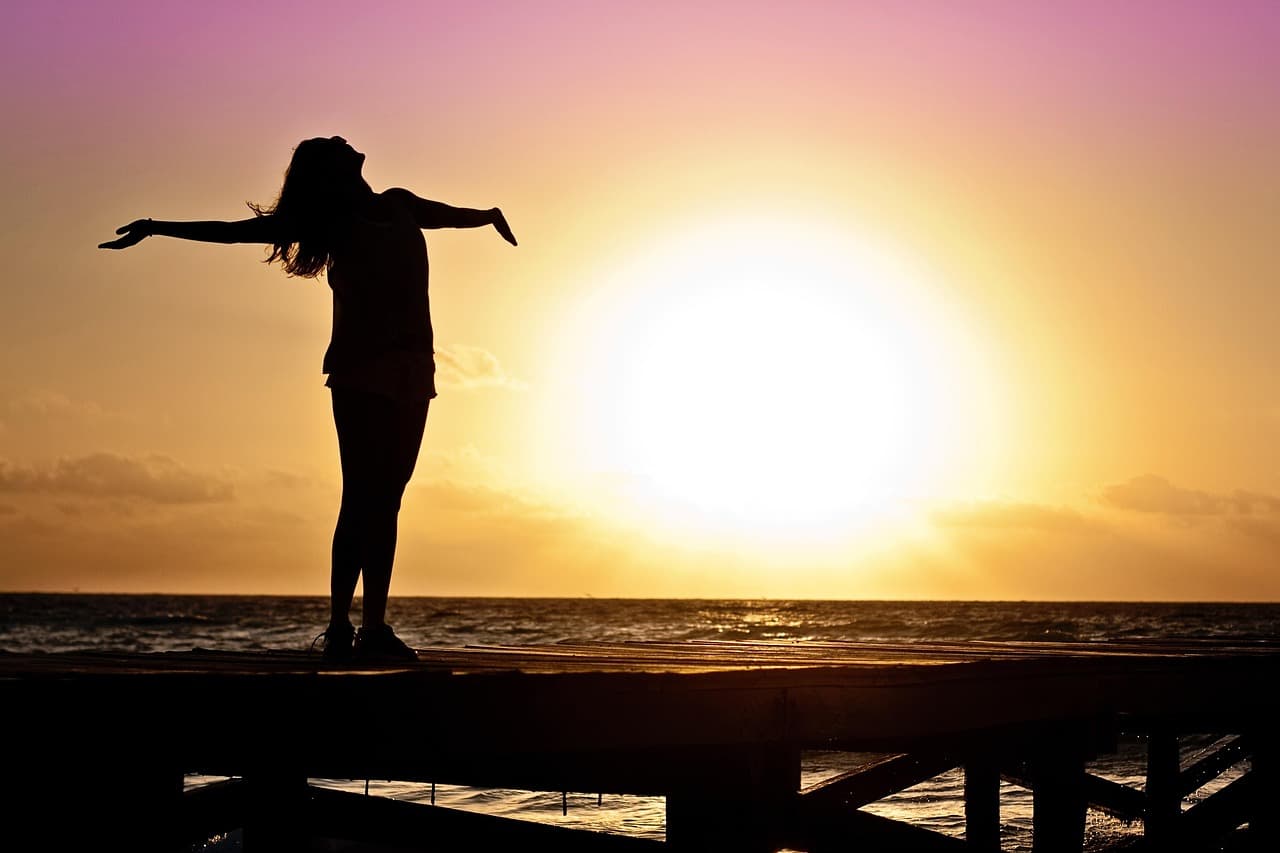 woman, girl, nature, freedom, happy, sun, silhouette, sunrise, beach, sunset, dusk, dawn, twilight [pid:591576]