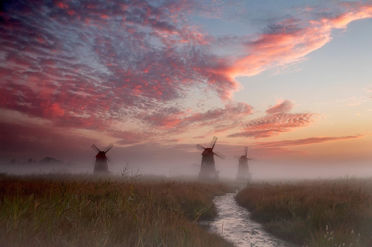 windmills, river, stream, field, nature, grass, sunrise, fog, morning, landscape [pid:5614160][dark]
