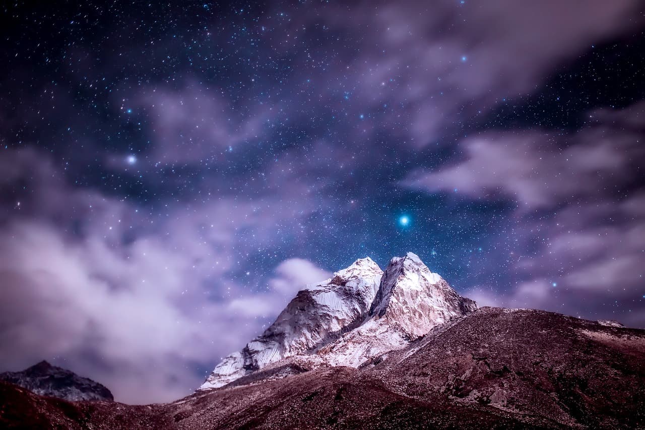 himalayas, mountains, stars, sky, clouds, night, landscape, scenic, nature, night sky, outdoors, countryside, mountainous, mountain landscape, starry night, starry sky [pid:2301040][dark]