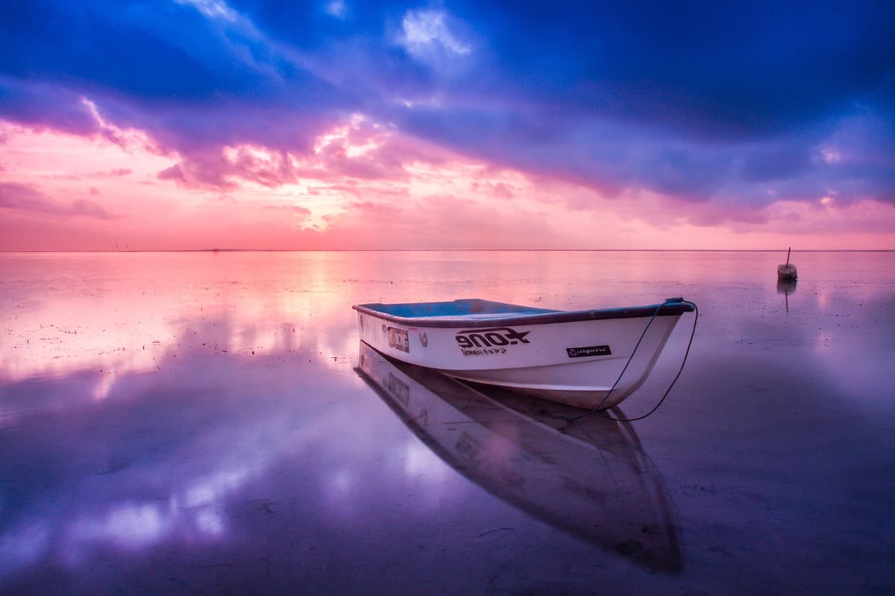 beach, boat, dawn, dusk, nature, ocean, reflection, sand, sea, seascape, seashore, sky, sunrise, sunset, water, boat, boat, boat, boat, boat [pid:1846009][dark]