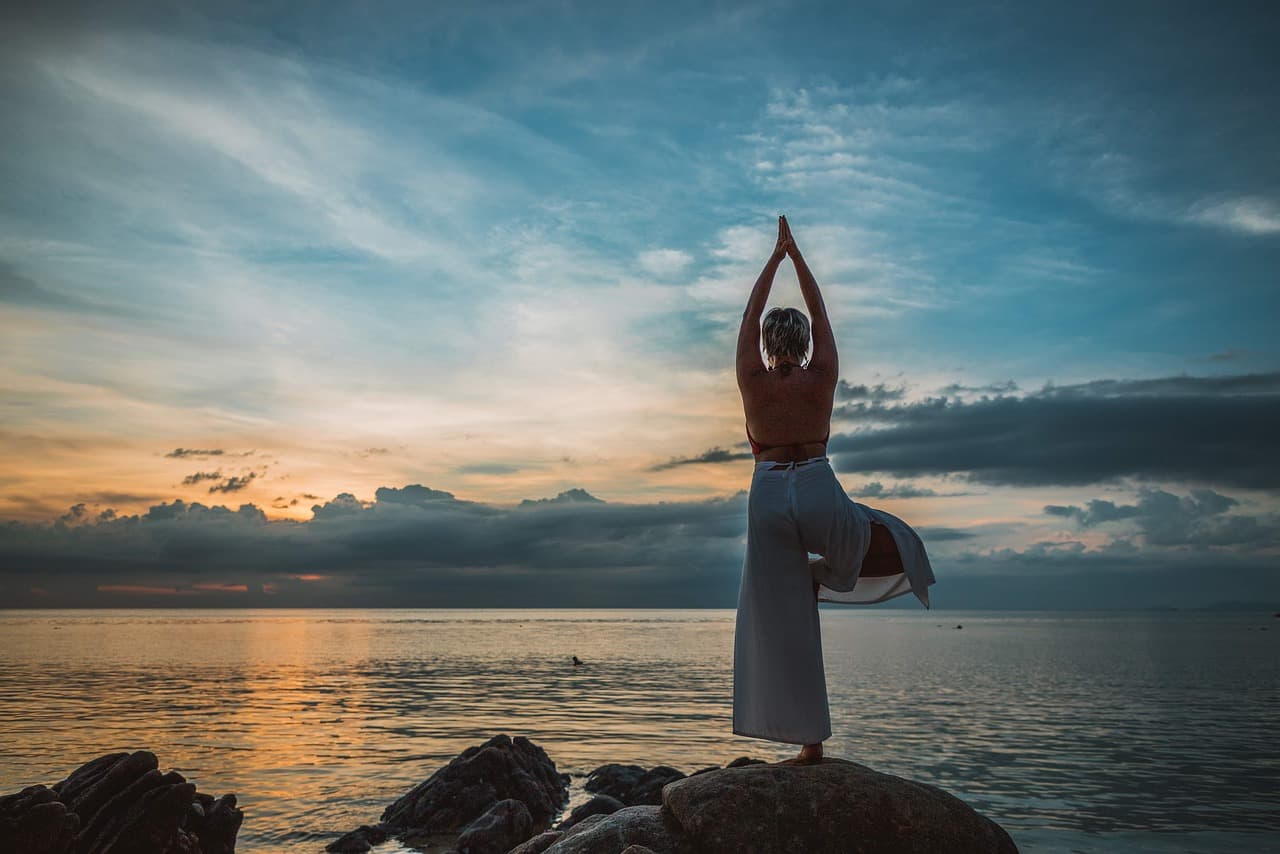 yoga, yoga pose, asana, sunset, woman, meditation, namaste, nature, pose, meditate, healthy, fitness, lifestyle, body, relax, stretch, landscape, stretching, sea, ocean, sky, clouds, international yoga day [pid:5281457][dark]