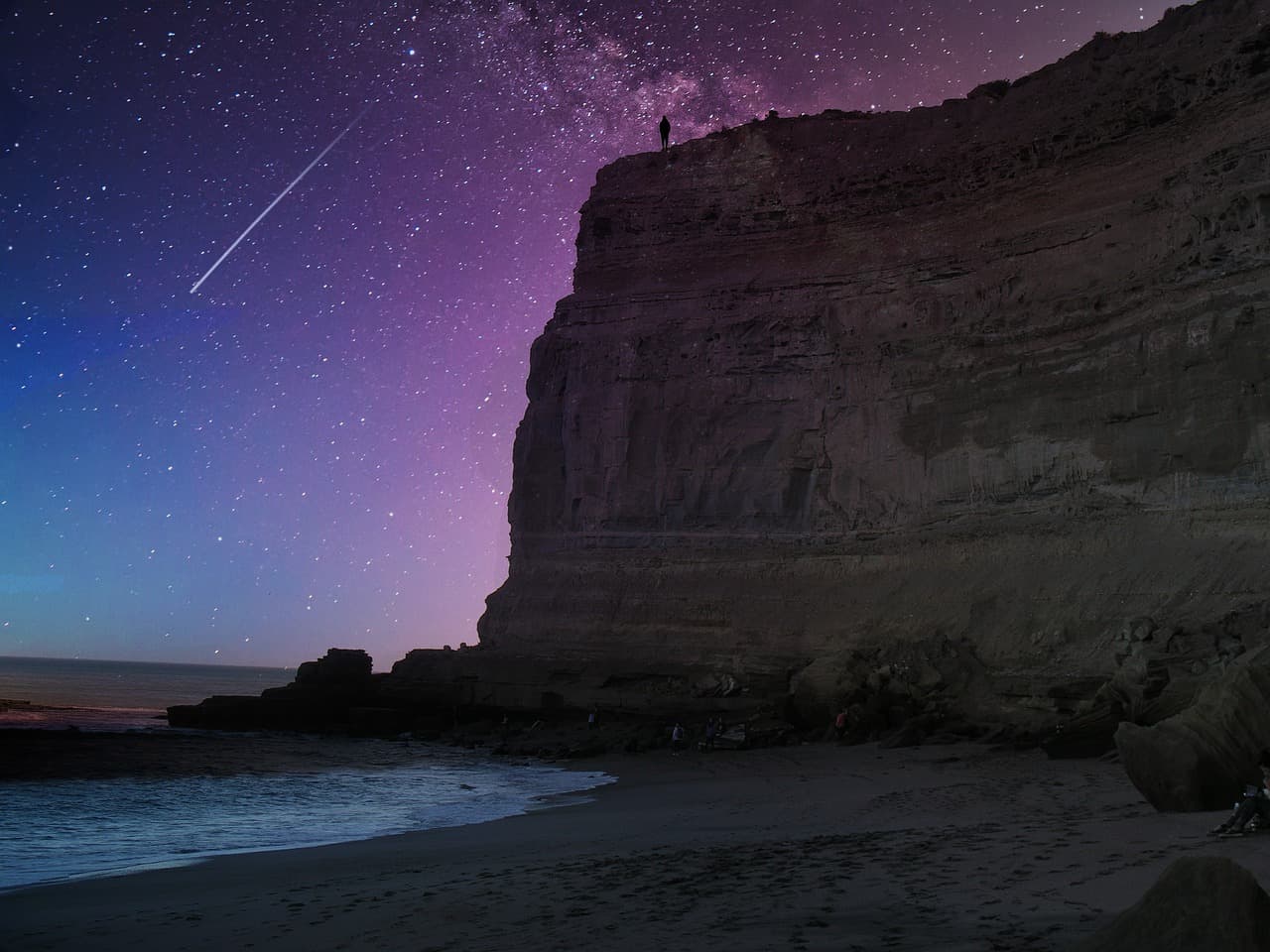 stars, nature, shooting star, beach, ocean, cliff, galaxy, sky, night sky, space, night, universe [pid:5999463][dark]