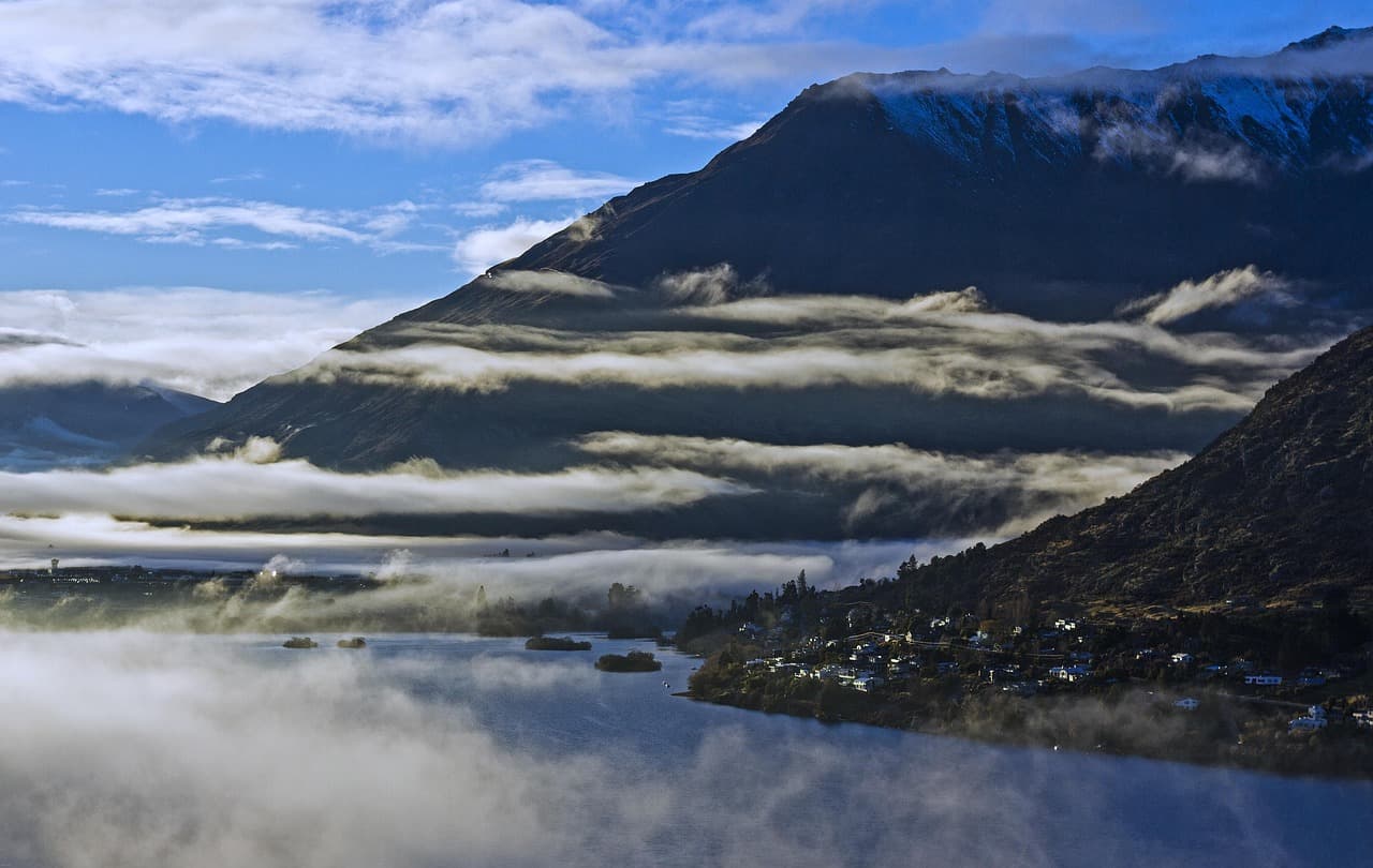 mountains, mist, water, lake, mountainous, clouds, landscape, nature, sky, new zealand, new zealand, new zealand, new zealand, new zealand, new zealand [pid:5338046][dark]