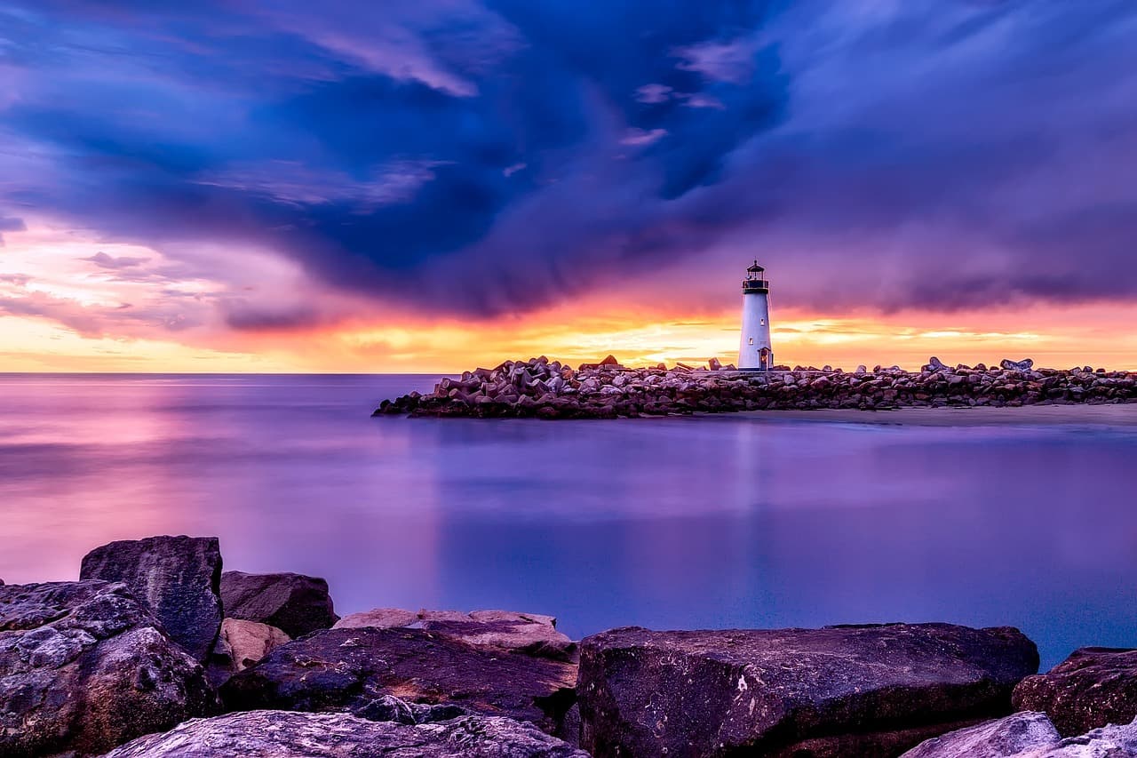 santa cruz, lighthouse, california, light, sea, ocean, bay, water, sky, clouds, sunset, dusk, beautiful, rocks, rocky, nature, outdoors, nature wallpaper, lighthouse, lighthouse, lighthouse, lighthouse, lighthouse, california [pid:2287588][dark]