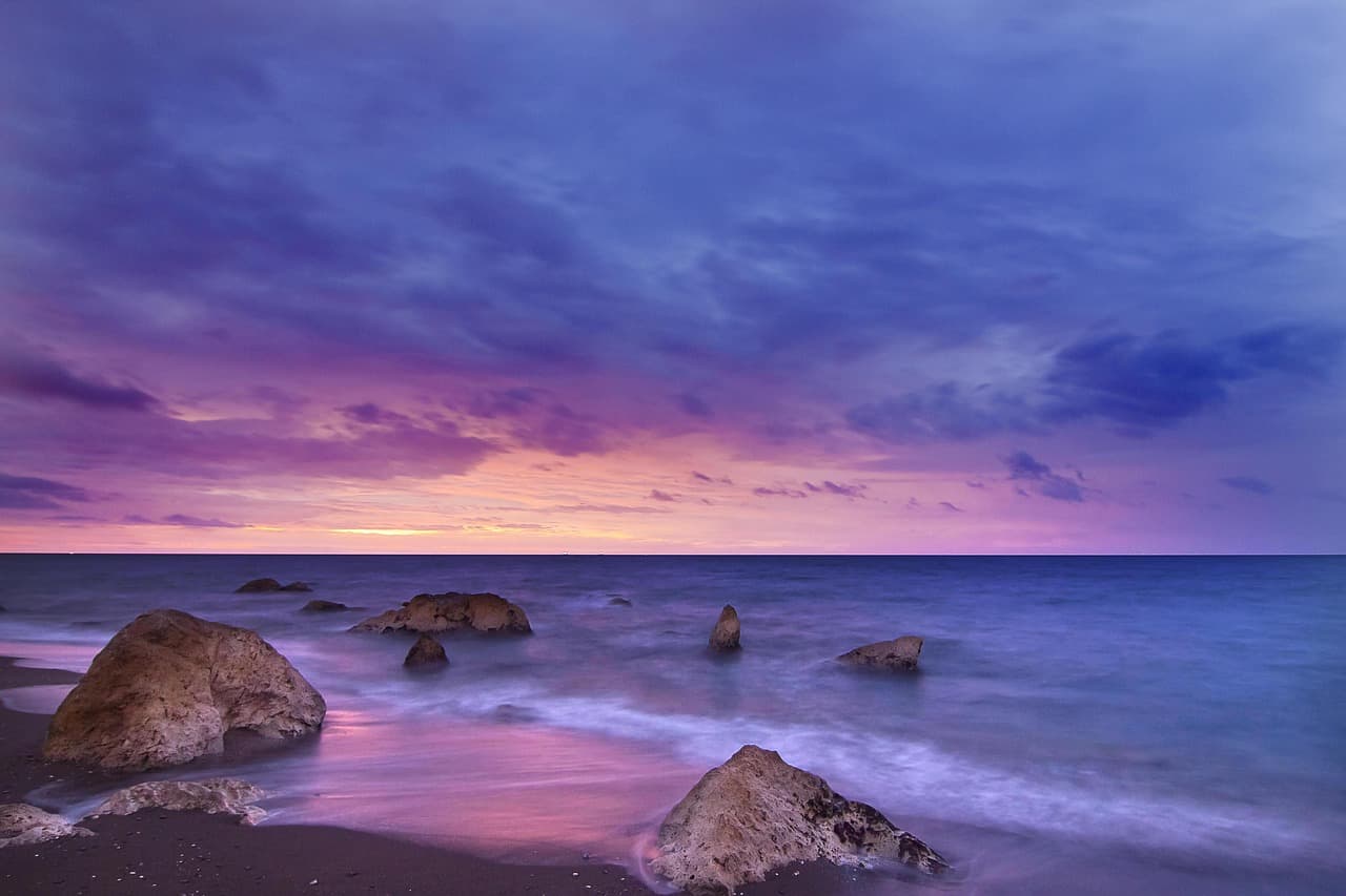 beach, sunset, rocks, shore, seashore, sand, sandy beach, horizon, ocean, seascape, dusk, twilight, afterglow, sky, clouds, dawn, nature, outdoors, sea, sunrise, water, beach, beach, beach, beach, beach, sunrise, sunrise [pid:1850059][dark]