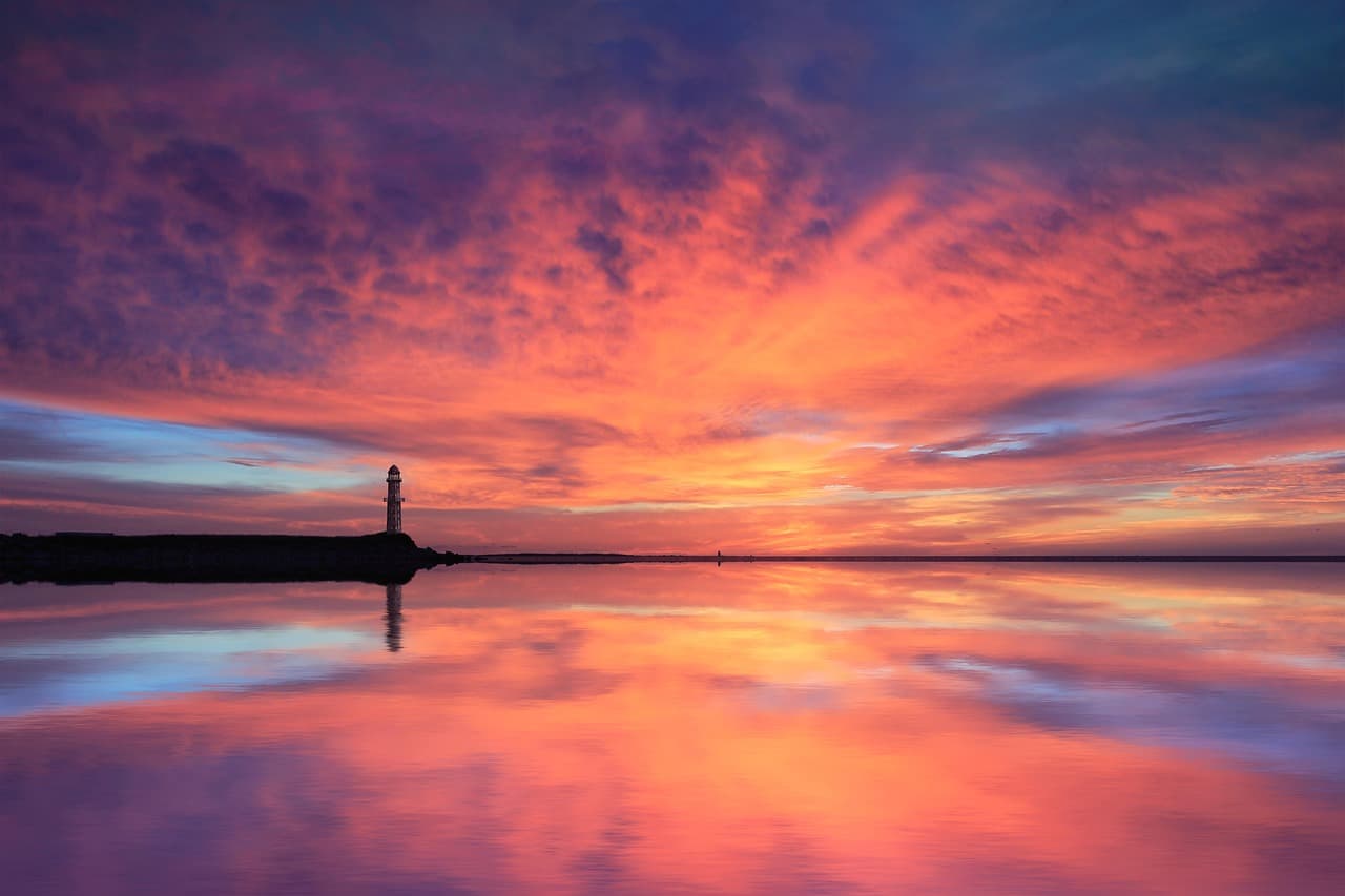 sea, lighthouse, sunset, nature, water, reflection, landscape, clouds, sky, sunlight, dusk, scenery [pid:7252122][dark]