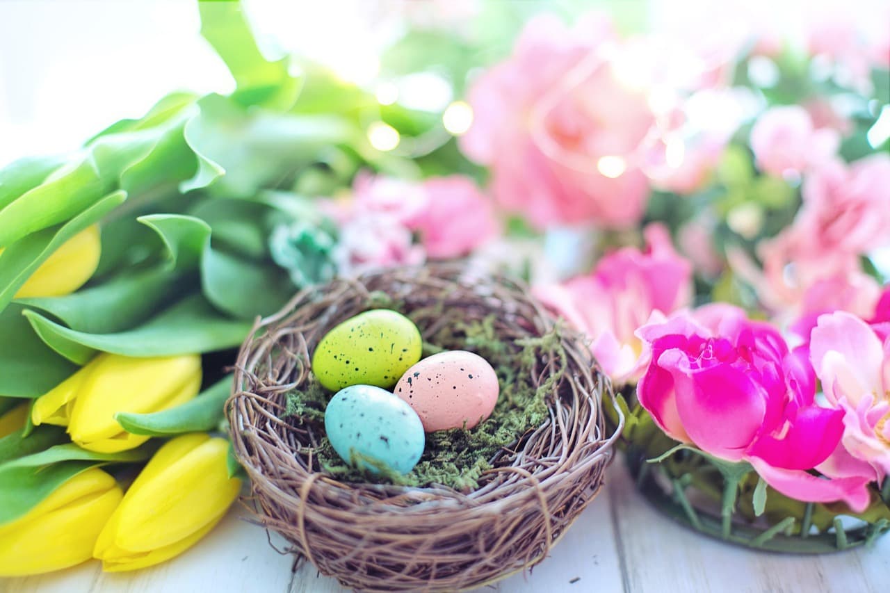 easter, nest, eggs, flowers, flower background, colorful, spring, pastels, flower wallpaper, nature, pastel, beautiful flowers, still life [pid:4107779][light]