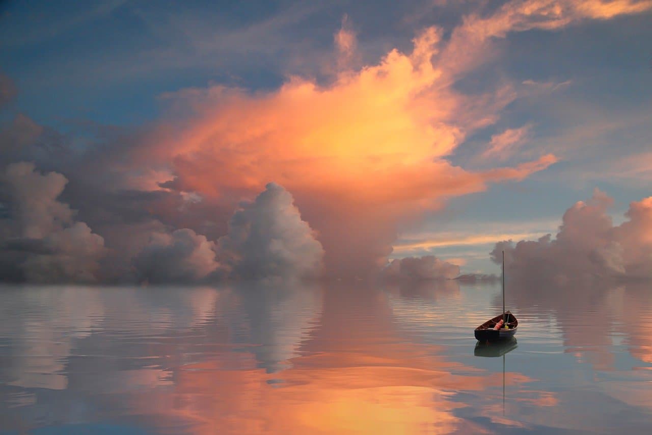 sea, boat, clouds, landscape, sunset, nature, horizon [pid:9455144][dark]