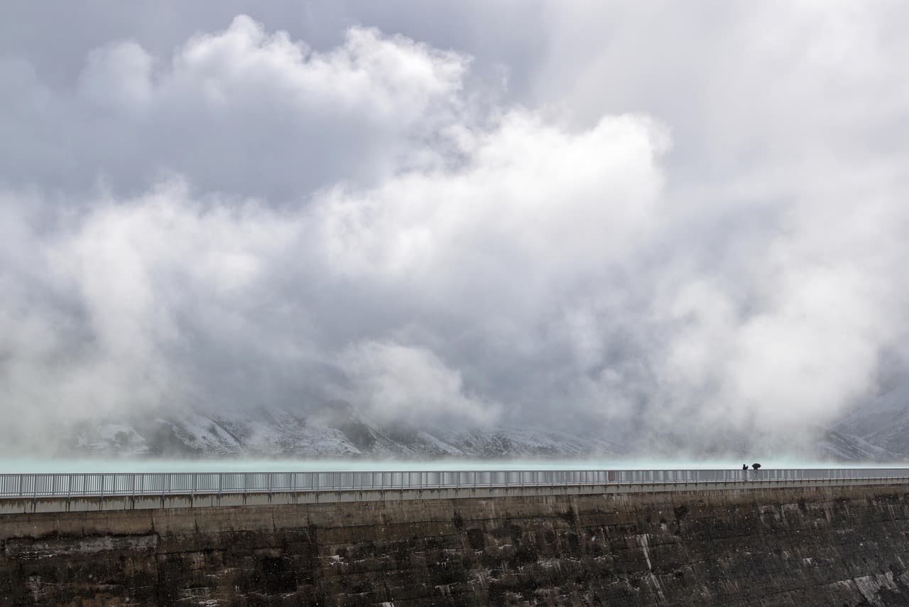 lake, dam wall, clouds, fog, snow, dam, mountain landscape, landscape, water, nature, scenic, austria, bielerhöhe, fog, fog, fog, fog, fog, dam, dam [pid:6751477][light]