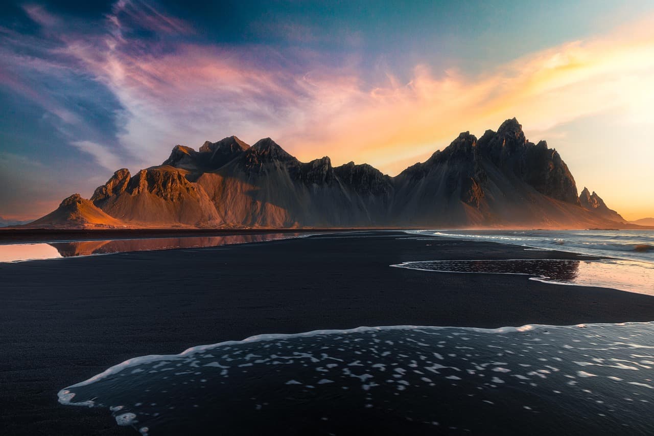 beach, volcano, ocean, sunset, sunrise, iceland, vestrahorn, stoksness, black sand, waves, nature, sky, clouds, landscape, beach, sunset, iceland, iceland, iceland, vestrahorn, vestrahorn, vestrahorn, vestrahorn, vestrahorn, black sand, black sand, black sand [pid:7511632][dark]