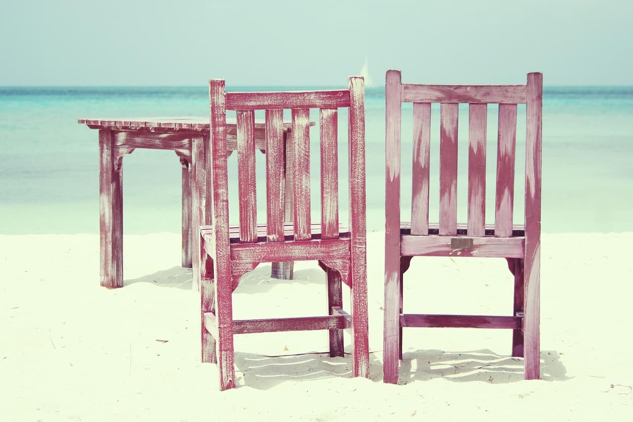 beach, chairs, nature, sea, rest, aruba, table, sandy beach, shore, seashore, wooden chairs, sand, seats, coast, tropical island [pid:815303][light]