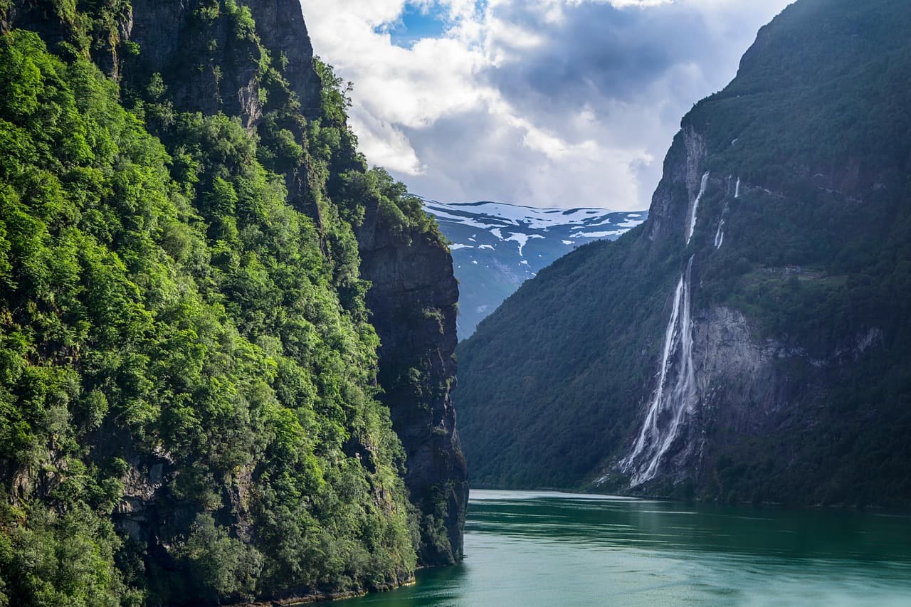 waterfall, nature, river, mountains, trees, forest, vegetation, sea, sky, clouds, fjords, norway, landscape [pid:5838582][dark]