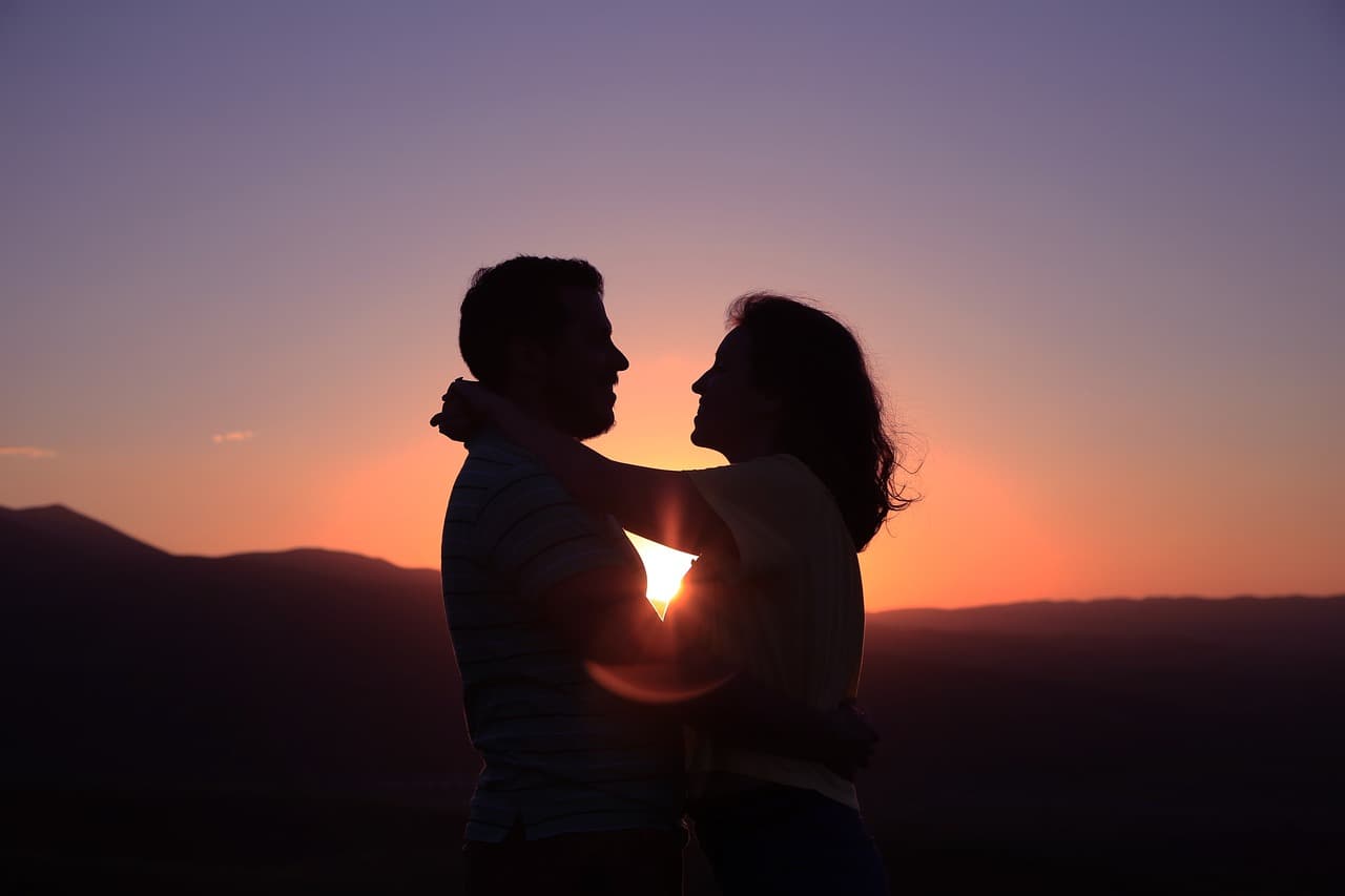 people, woman, nature, man, hug, love, couple, sunset