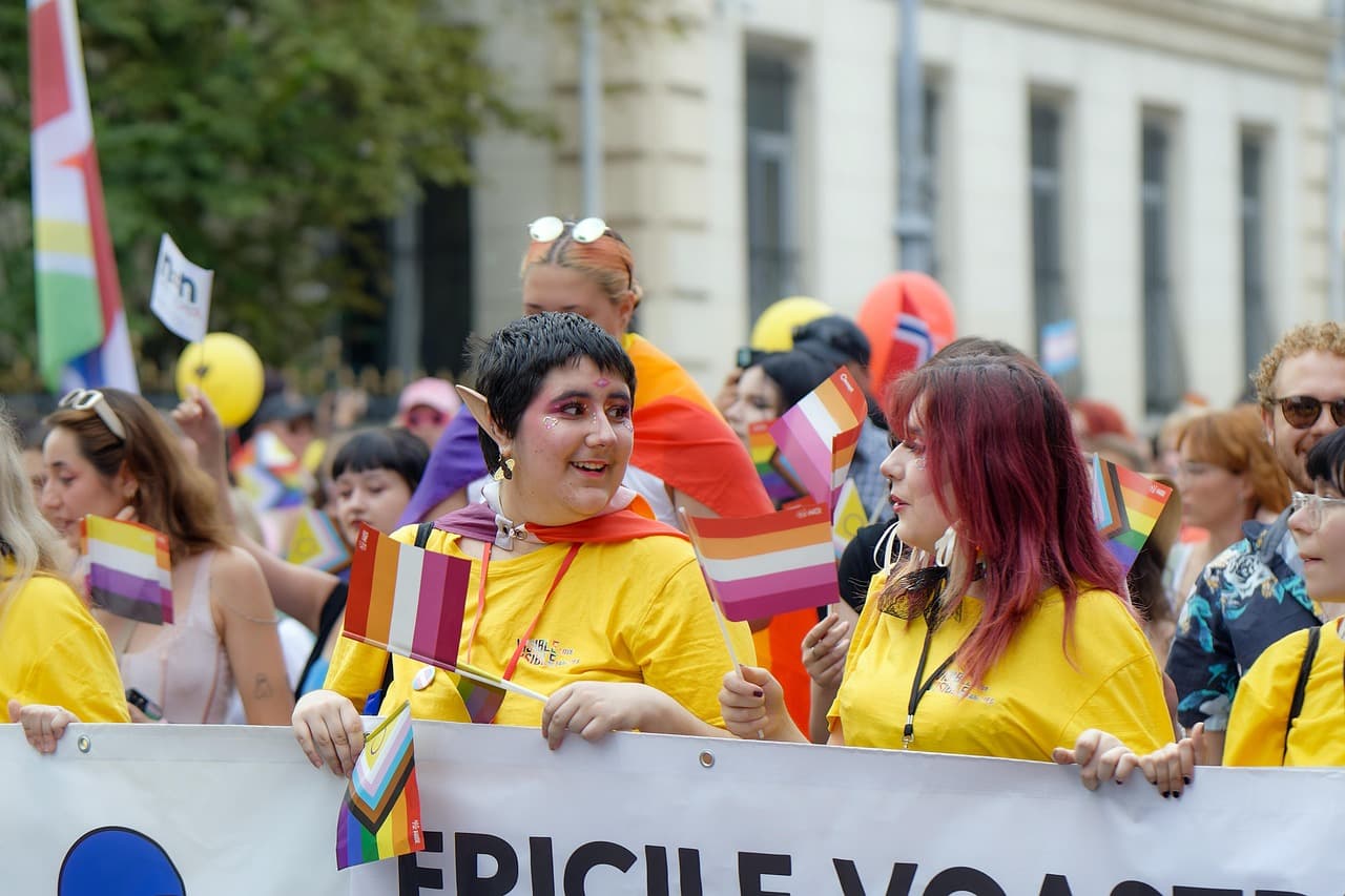 parade, pride, people, joyful, happy, placards, clothes, colorful, makeup, flags, street, urban, lgbtqia, queer, protest