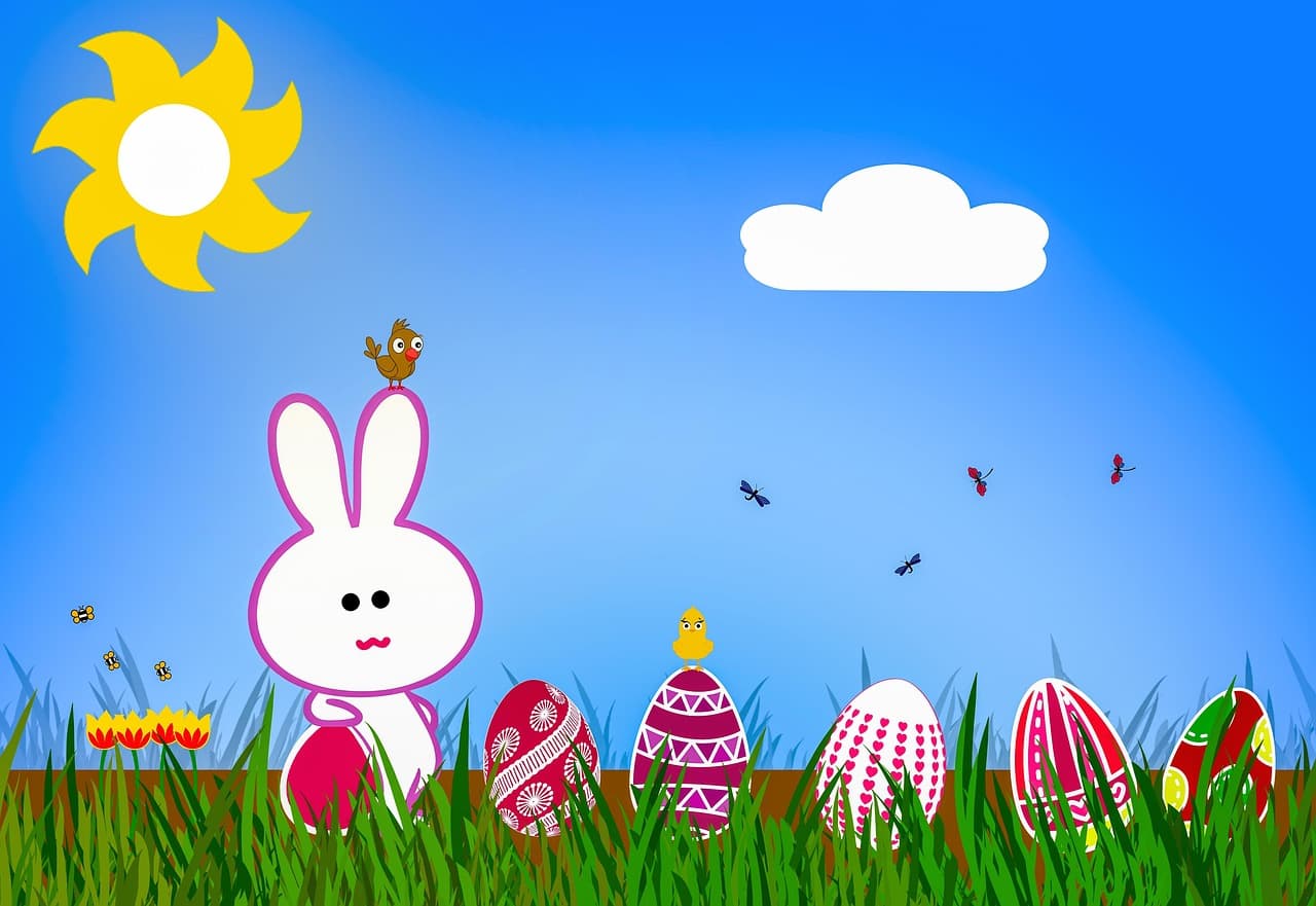 easter, bunny, beautiful flowers, eggs, tulips, birds, bees, grass, nature, flower wallpaper, flower background, sunshine, spring, flowers, meadow, cartoon [pid:8653751][light]