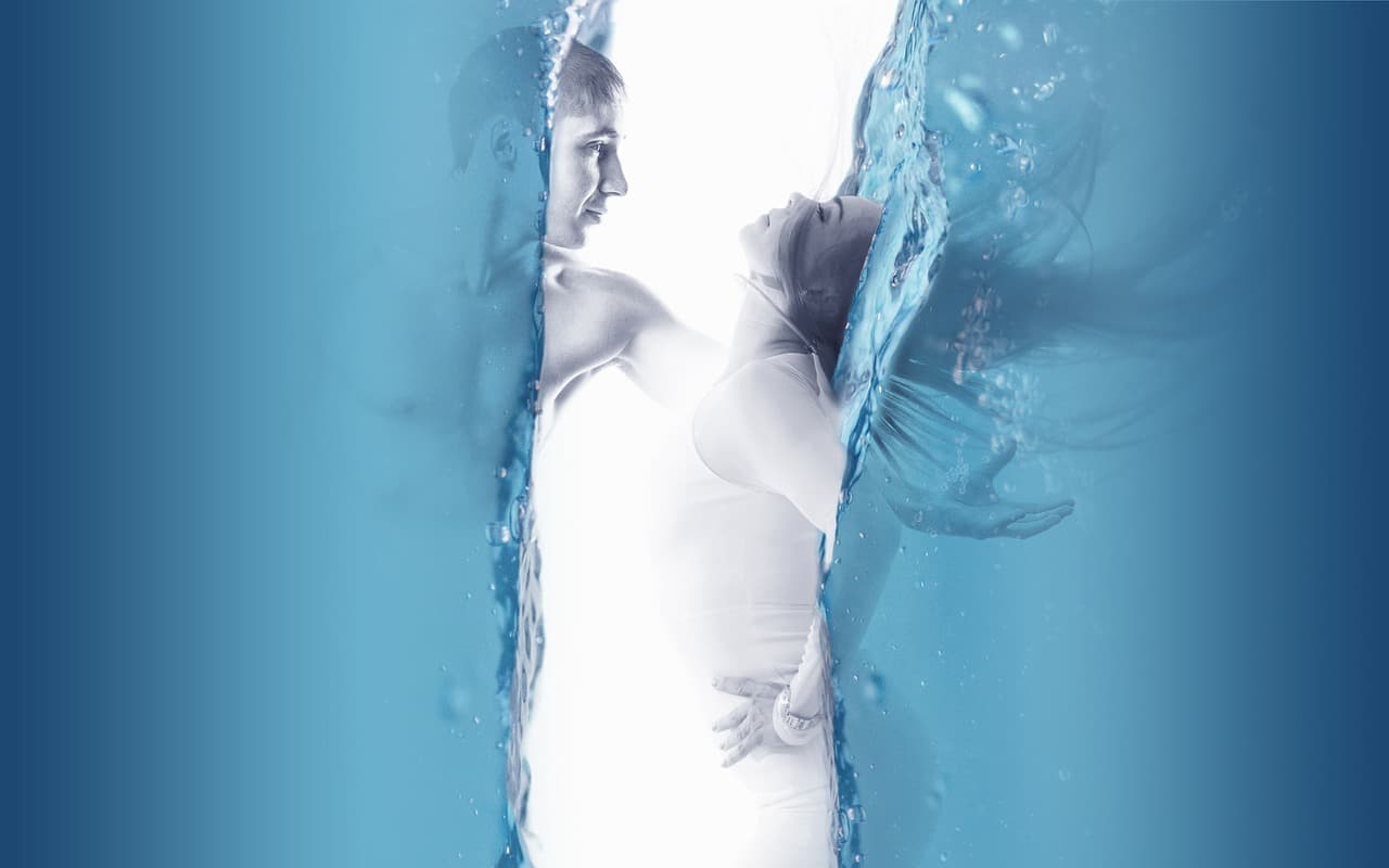 woman, man, water, pair, together, passion, relationship, male, female, abstract, nature, blue water, art, surreal