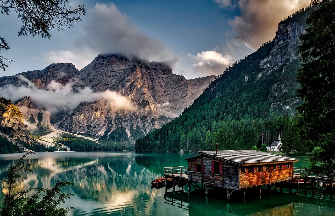 mountains, lake, house, lake house, alps, alpine, calm waters, water reflection, reflection, mirroring, conifers, conifer forest, italy, pragser wildsee, water, forest, landscape, woods, idyllic, nature, outdoors, valley, ravine, boathouse, cottage, countryside, rural, zoom background, house, forest, nature, nature, nature, nature, nature [pid:1587287][dark]