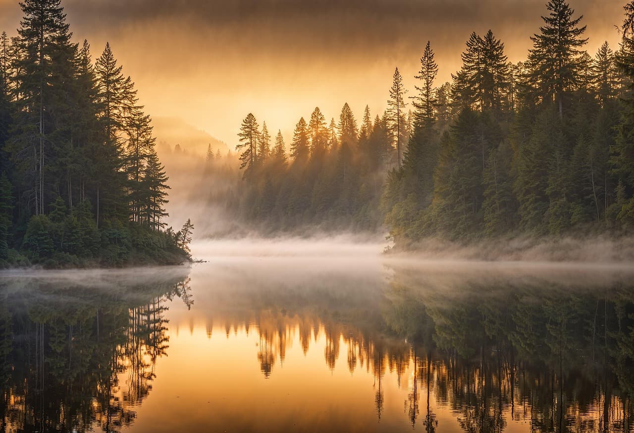trees, lake, sunrise, beautiful nature, mist, reflection, serenity, golden, hd wallpaper, mountains, calm, woodland, ethereal, morning, 4k, nature background, nature wallpaper, nature, desktop wallpaper, landscape [pid:8686902][dark]